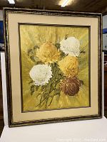 Full view of the large framed flower oil painting showing all five flowers and the ornamental frame.