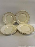 Full set of 9 plates, 5 dinner plates stacked and 4 side plates positioned with some leaning behind, showing size and design.