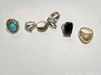 Photo of all six vintage rings, showing diversity in design and materials.