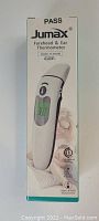 Box front of Jumax Forehead and Ear Thermometer Model HC-19300 showing product image and key features.