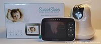 Photo of Sweet Sleep Baby Monitor Pro box alongside the monitor screen and camera unit in protective plastic wrapping.