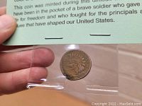 Front side of the 1859 Indian Head Penny in a plastic sleeve stapled to a green backing card, showing details of the Indian Head design.