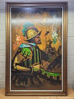 Framed painting of conquistador in profile with gold helmet and green accents, with warm earth tone background and abstract brush strokes.