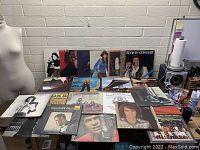 Photo showing 18 vinyl record albums laid flat on a black table with visible titles including Elvis In Concert, Diana Ross, Harry Belafonte, David Bowie, Frank Sinatra, Stevie Wonder, The Pointer Sisters, and others.
