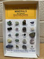 Front view showing full set with names and minerals in display box.