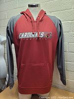 Front view of red and gray Arizona Cardinals hoodie on mannequin showing logo and text