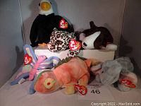 Photo showing six different Ty Beanie Babies, including an eagle, butterfly, chameleon, elephant, dog, and leopard, all with original Ty tags attached.
