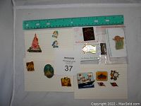 Overview photo of all pins with ruler for scale on white paper background.