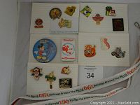 Overview of 15 Disney enamel pins displayed on white cards alongside a white lanyard with Epcot branding.