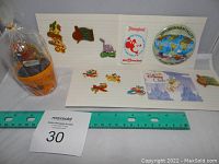 Photo shows set of Disney pins on white paper display cards with a wrapped orange flower pot. Rulers included for size reference.