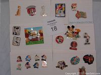 Overview of all Disney pins including EPCOT limited edition pin, Snow White and Seven Dwarves set, and other character pins.