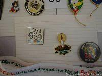 Pin collection on white background showing multiple character and event pins including Mickey, Donald, and Walt Disney World 1985 pin.