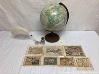 Full lot: globe, maps, inkwell, feather pen