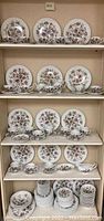 Full view of various sized plates, cups and saucers arranged on shelves showing the full set