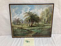 Full view of the vintage oil on ceramic painting showing a rural scene with trees, orchard, and figures working in the field.