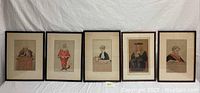 Wide shot of five framed vintage prints of courtroom judges on white drape background.