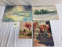 Four watercolor paintings laid out showing different scenes; an abstract, a river landscape, a rural hut with red flowering tree, and a street scene with houses. Artist signed.