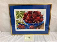 Full view of the framed watercolor painting of cherries showing the entire artwork including the frame and mats.