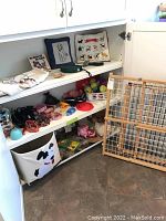 Photo showing shelves with dog pillows, leashes, toys, storage tote with dog face, and two wooden pet safety gates leaning against shelves.