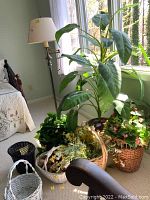 Faux plants and flowers arranged in various baskets on carpet near window and bed