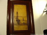 Full view of framed oil painting on two tiles