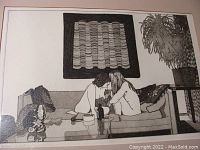 Artwork close-up showing two women sitting on a couch facing each other with surrounding decor.