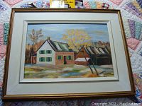 Framed oil painting of a house with green shutters and tree, showing full view to illustrate overall condition and framing.