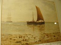 Full view of framed watercolor marine scene showing boats, shoreline and sky.