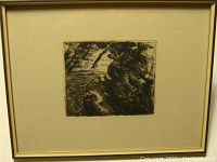 Full view of the framed etching showing the artwork centered in the frame with light-colored mat and thin gold/brass frame.