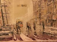 Full view of vintage art depicting snowy downtown Toronto street scene with pedestrians and streetcar.