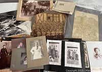 Collection spread showing multiple antique photos and a photo album with black pages. Includes group photos and formal portraits in sepia and black and white.