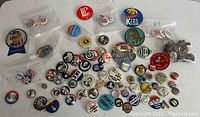 Photo of a large assortment of campaign pins and buttons spread out, showing a variety of styles, colors, and slogans.