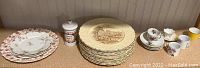 Photo showing a stack of Royal Doulton Windsor Castle plates with a brown scenic pattern, alongside floral plates, cups, saucers, and a vintage porcelain medicine bottle.