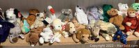Wide view of approximately 30 assorted TY Beanie Babies arranged on a shelf, various animals including bears, dog, and birds, mostly 1990s era with intact tags.