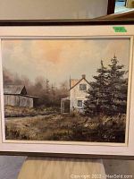 Framed acrylic painting showing the entire rural house and shed scene with artist's signature and tagging.