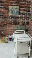 Photo showing white metal cart on wheels, green metal plant stand in corner, assorted plant pots on floor, and hanging bird feeder on plant stand.