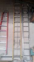 Three ladders hanging vertically on a concrete wall; middle ladder is yellow fiberglass extension ladder with metal rungs and pulley system, flanked by two other ladders.