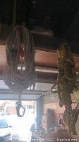Hanging thick natural fiber ropes with metal hooks alongside yellow safety harnesses with attached lanyards on wooden beam in garage.
