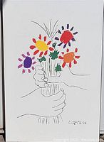 Photo of a 24x36 inch art piece showing a colorful floral bouquet with black line-sketch hands holding it, on white background.