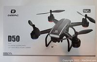 Box of DeerC D50 FPV drone showing drone image and camera angle specifications.