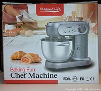 Box packaging of the Elegant Life Baking Fun Chef Machine Stand Mixer showing product image, brand, and key features.