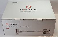 Top and side views of the Nequare branded sealed box showing the model S25 handheld cordless vacuum cleaner illustration and branding.