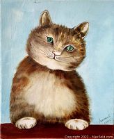 Front view of the original oil painting of a cat with green eyes, signed Marias 2009.