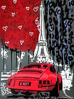 Front view of canvas showing red Porsche, Eiffel Tower silhouette, black script and white hearts.