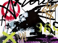 Close-up of central stenciled figure, red anarchy symbol, neon green numerals and purple accents