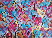 Close-up of upper section showing layered heart motifs in blue, pink, purple with drips