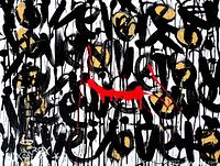 Close-up front view showing black spray-painted strokes, gold accents, and red dripping paint detail