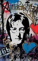 Close cropped frontal view of stencil portrait and graffiti marks