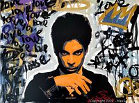 Front view of entire painting showing portrait and graffiti elements