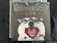 Front covers of Steppenwolf Live double LP showing cover art with snarling wolf and album title.